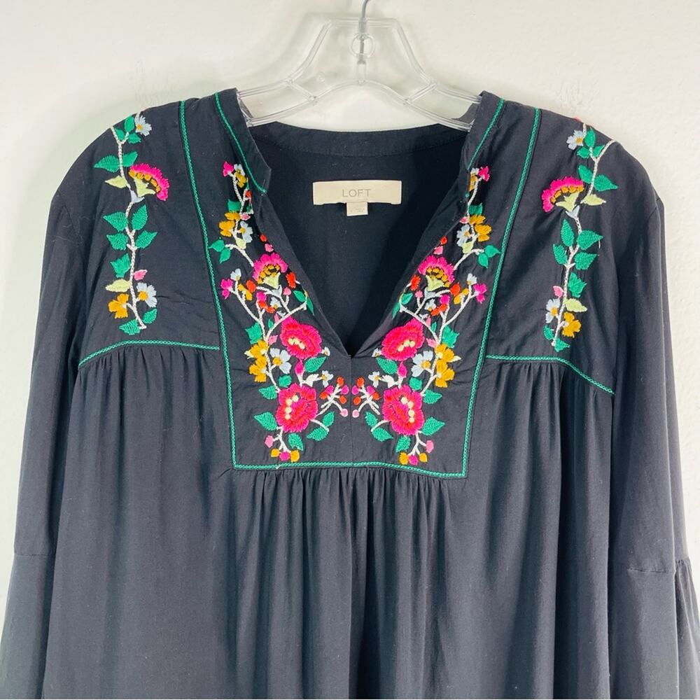 Loft black pink floral embroidered boho top large - Picture 2 of 8
